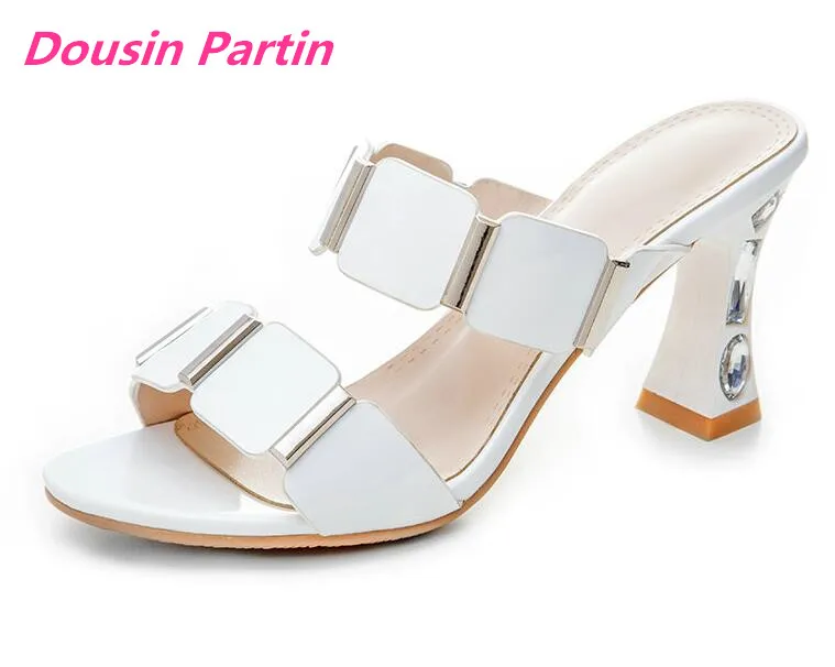 

Dousin Partin Ladies Sandals Round Open-toed PU Leather Rhinestone Square High Heel Slingback Anti-skid Party Women Pumps