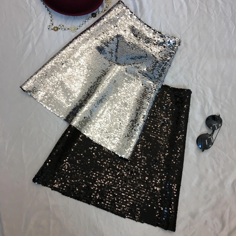 

2019 New Spring and Summer Women's High Waist Sequined Skirt Ladies Retro Silver Short A-line Skirts