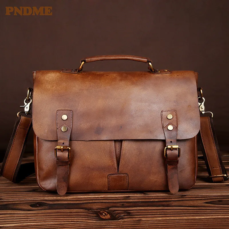 

PNDME high quality vintage top layer cowhide men's briefcase simple handmade genuine leather business work luxury laptop bag