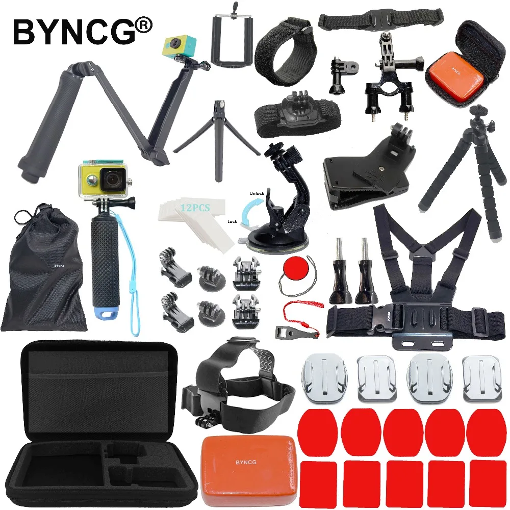 

BYNCG for Gopro hero 7 Accessories Set for go pro 7 6 5 4 3 kit 3 way selfie stick for Eken h8r / for xiaomi for yi EVA case JT3