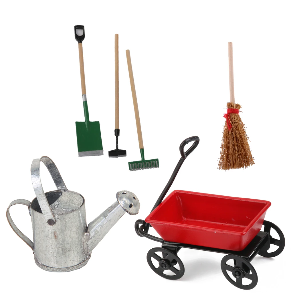 1/12 Dollhouse Miniature Red Metal Pulling Cart & Garden Tools Kids Garden DIY Accessories Tools Set