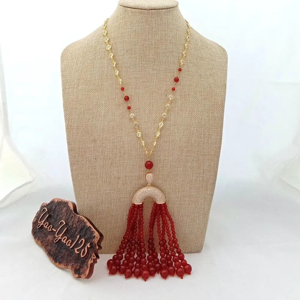 

21" 4-10MM Carnelian Golden plated CZ micro Pendant crystal pave chain Necklace