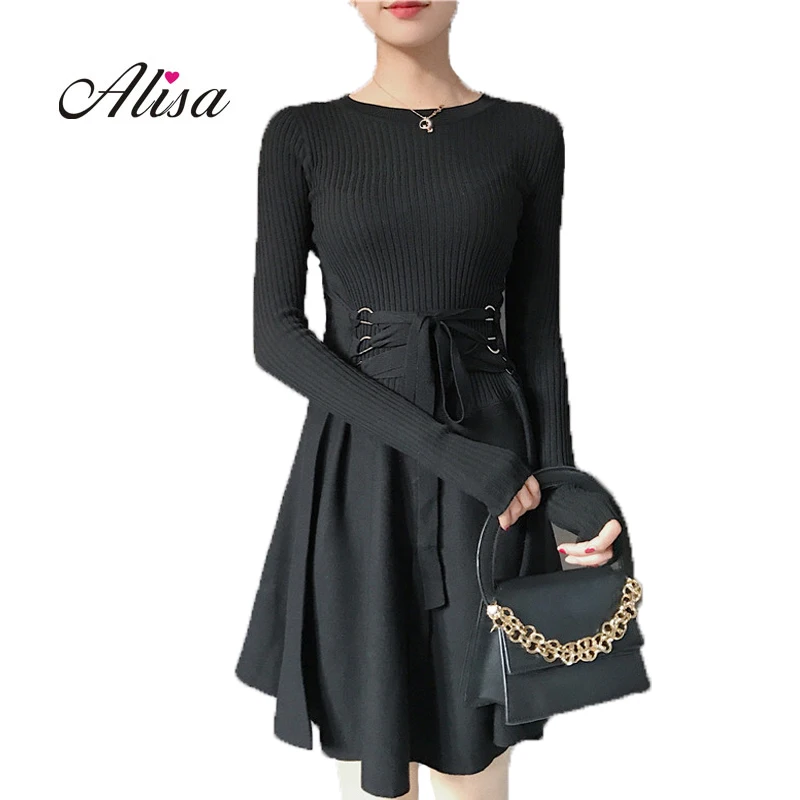 New 2017 Women patchwork Knitted Vintage Dress Winter Solid Long Sleeve Set Head O neck Silm