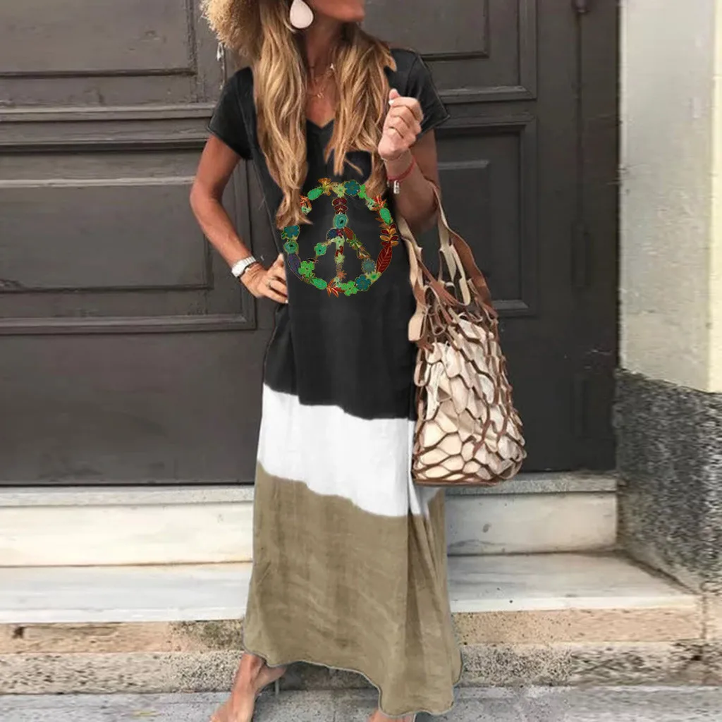 

Women Printing Color Block Loose V Neck Dress Short Sleeve Maxi Dress Summer Sundress Plus Size Linen Dress Vestido Femme #9