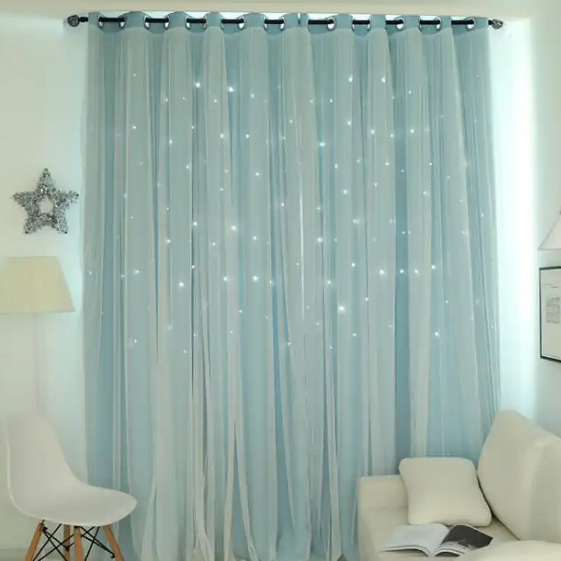 Solid Hollow Star Set Blackout Curtains With White Sheer Brown