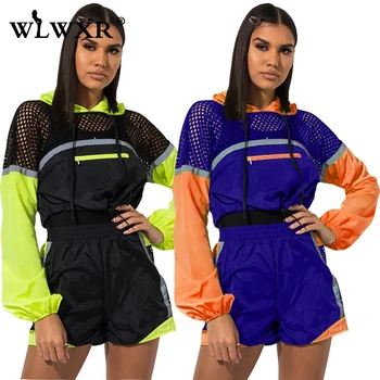 

WLWXR Two Piece Set Tracksuit Women Outfits Hollow Out Long Sleeve Hooded Crop Top and Shorts Casual Fitness Summer Matching Set