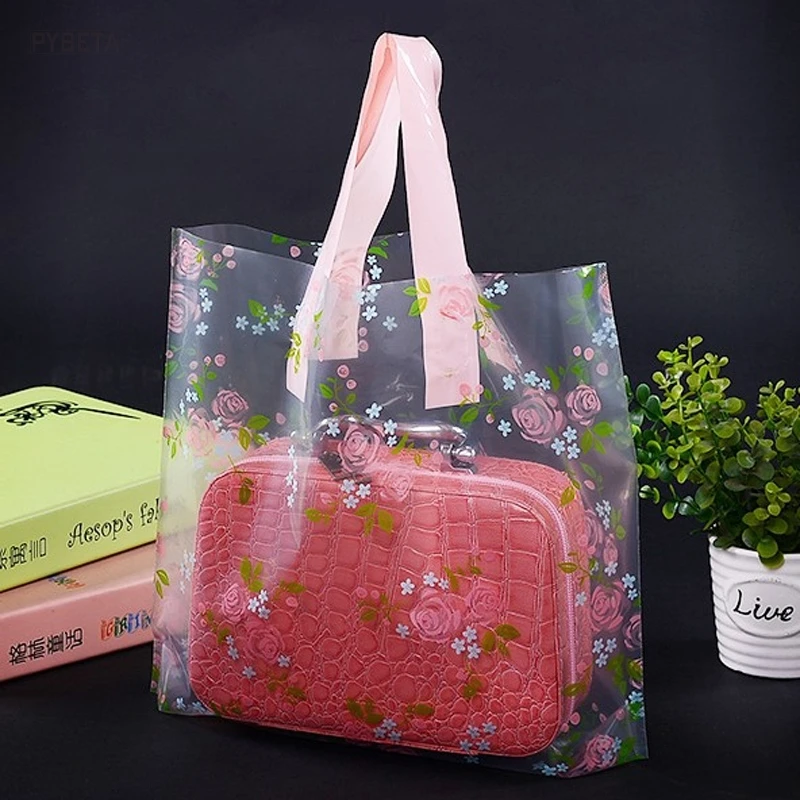 

50pcs- Black /Clear Rose Pattern Plastic Bags With Handle Clothing Pouch Boutique Gift Packaging Plastic Shopping Bag