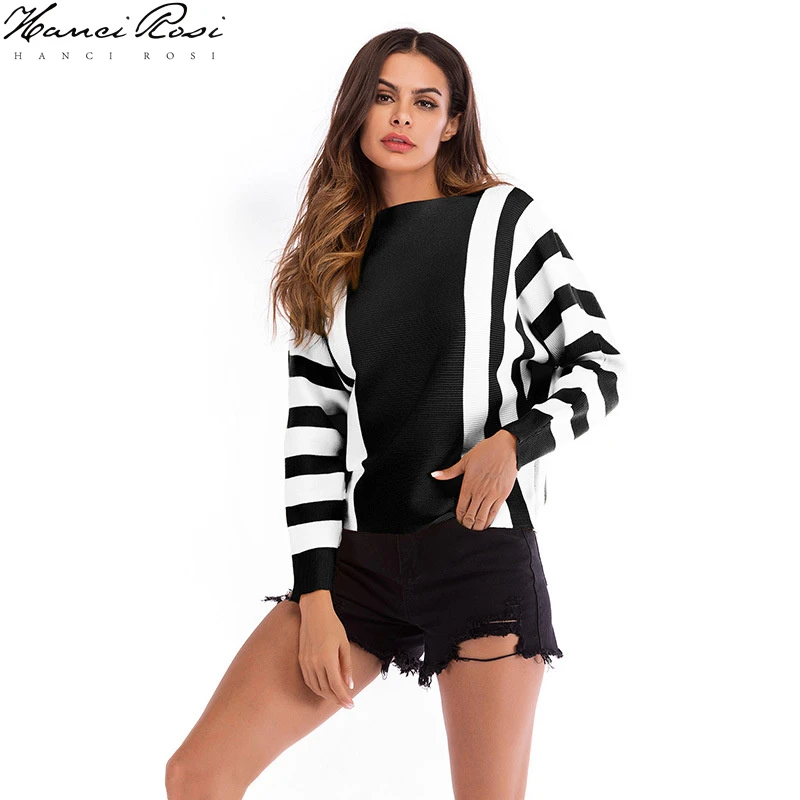 

HANCI ROSI Autumn Winter Sweater Women Patchwork Slash Neck Sweters Women Invierno 2019 Loose Streetwear Sweater Woman Pullover