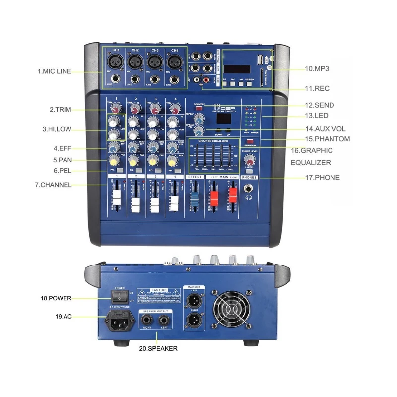 PMX402D-USB 4 канальный цифровой микрофон линия смешивание звука микшерный пульт с 48В Мощность 16 встроенными звуковыми эффектами для Запись