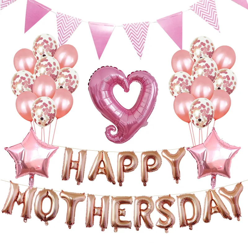 

1Set Heart shaped Pink Helium Foil inflatable Balloons Happy Mother's Day Words Party Supplies wholesale Golden Conffeti Globos