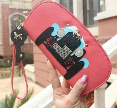 Original carro lindo clave colgante de cremallera larga cartera 2017 las mujeres de dibujos animados billetera de cuero de diseño organizador carteras de mujer 45|wallet ring|pendant whistlependant and earring set