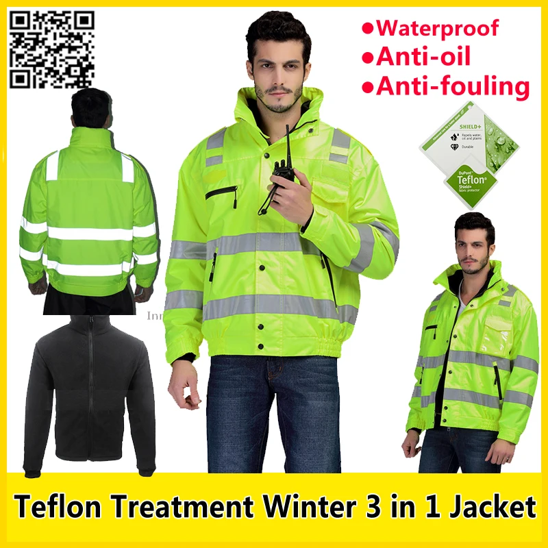 SFvest EN471  High visibility 3 in 1 Reflective safety bomber Jacket with Teflon treatment  workwear winter coat free shipping