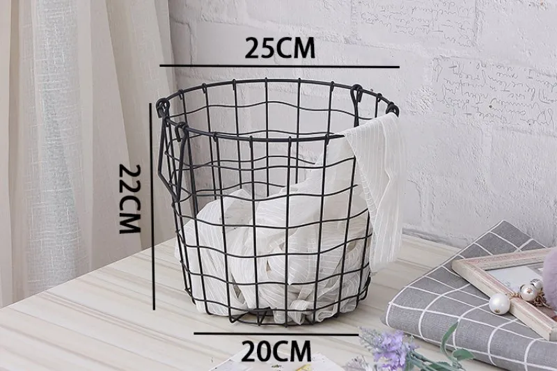 Black Home Storage Basket Geometric Iron Metal Wire Round Tray Magazine Post Flowers Organization Case with Handle