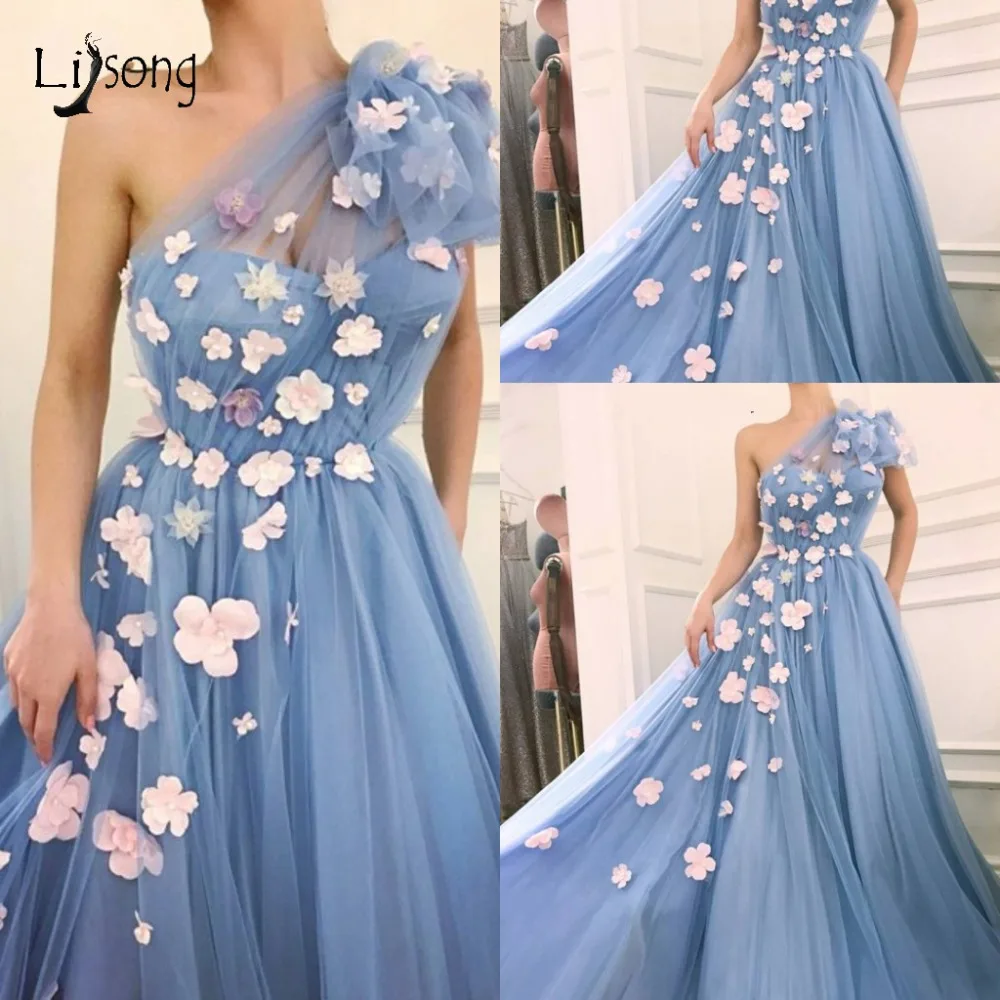 Dreamlike небесно-голубое вечернее платье с объемным цветком красивое вечернее платье на одно плечо длинное Тюлевое платье трапециевидной формы Vestido De Formatura Longo