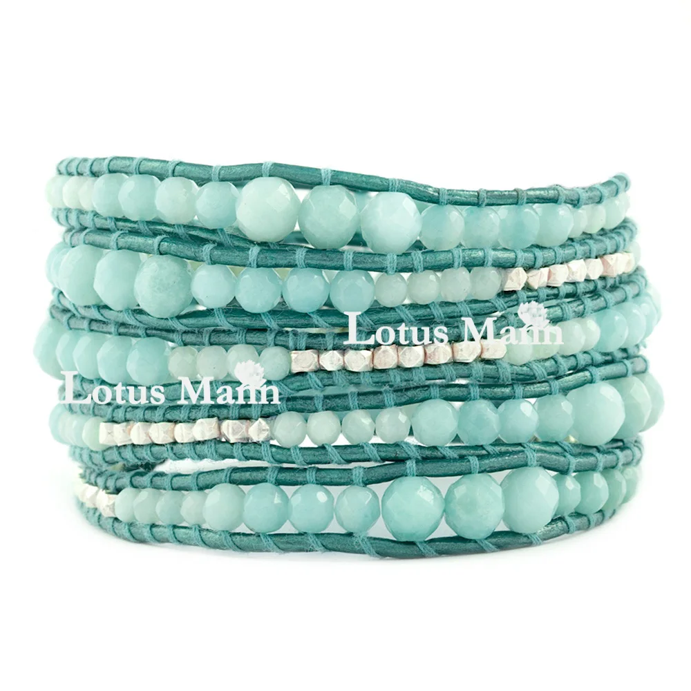 

Lotus Mann Natural stone amazon amazonite metallic blue leather rope five laps silver bead bracelet
