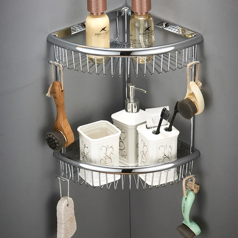 2 уровня ванная комната угловая органайзер для хранения на полке с Полотенца крючки, идея для Кухня и Ванная комната, корзина для душа, твердая латунь Материал