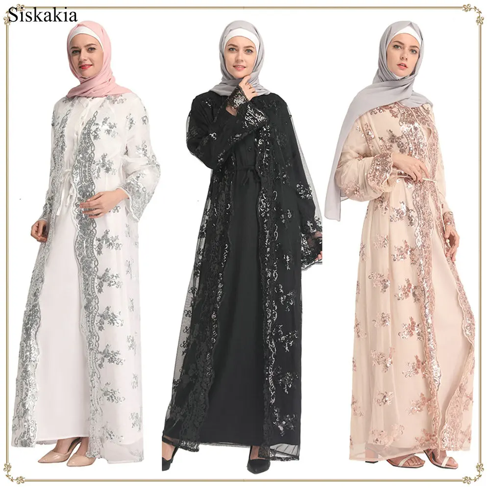 Siskakia Muslim Elegant Lace Sequin Mesh Cardigan Robe Abaya Ramadan Women Hook Flower Hollow Out Sashes Party Clothing 2019  (8)