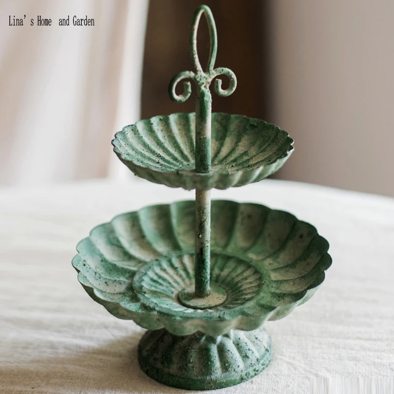 antique vintage handcrafted 2 tiered plate metal stand (7)