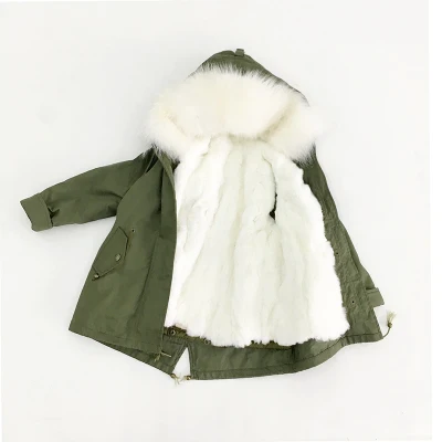 Детская зимняя куртка для родителей, Женское пальто, куртка с воротником из натурального меха енота, Толстая теплая подкладка из кроличьего меха - Цвет: white fur green coat
