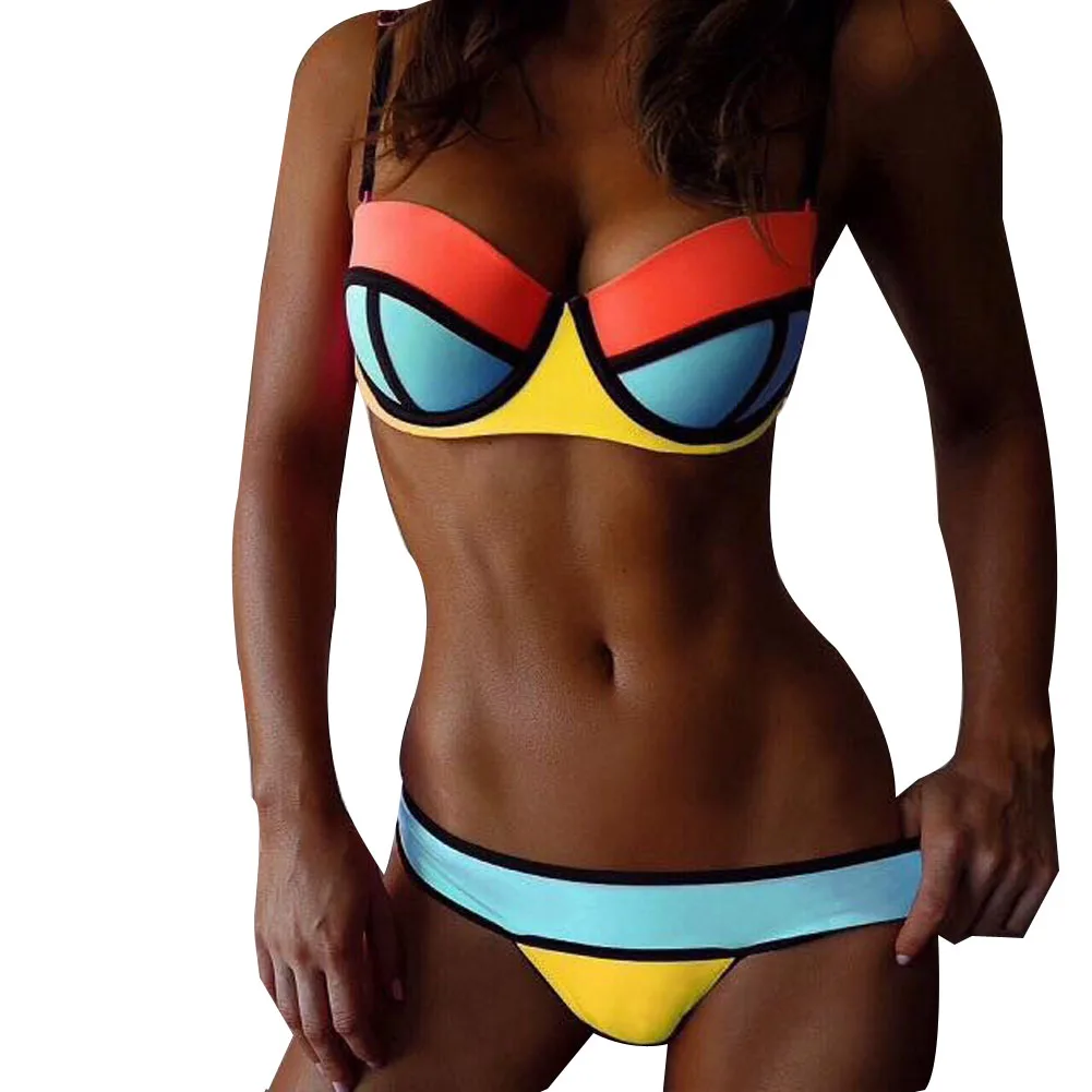 Tropical Neon Color Block Swimwear Women Bikini Bathing Suit Beach Wear Biquinis Women Bikini