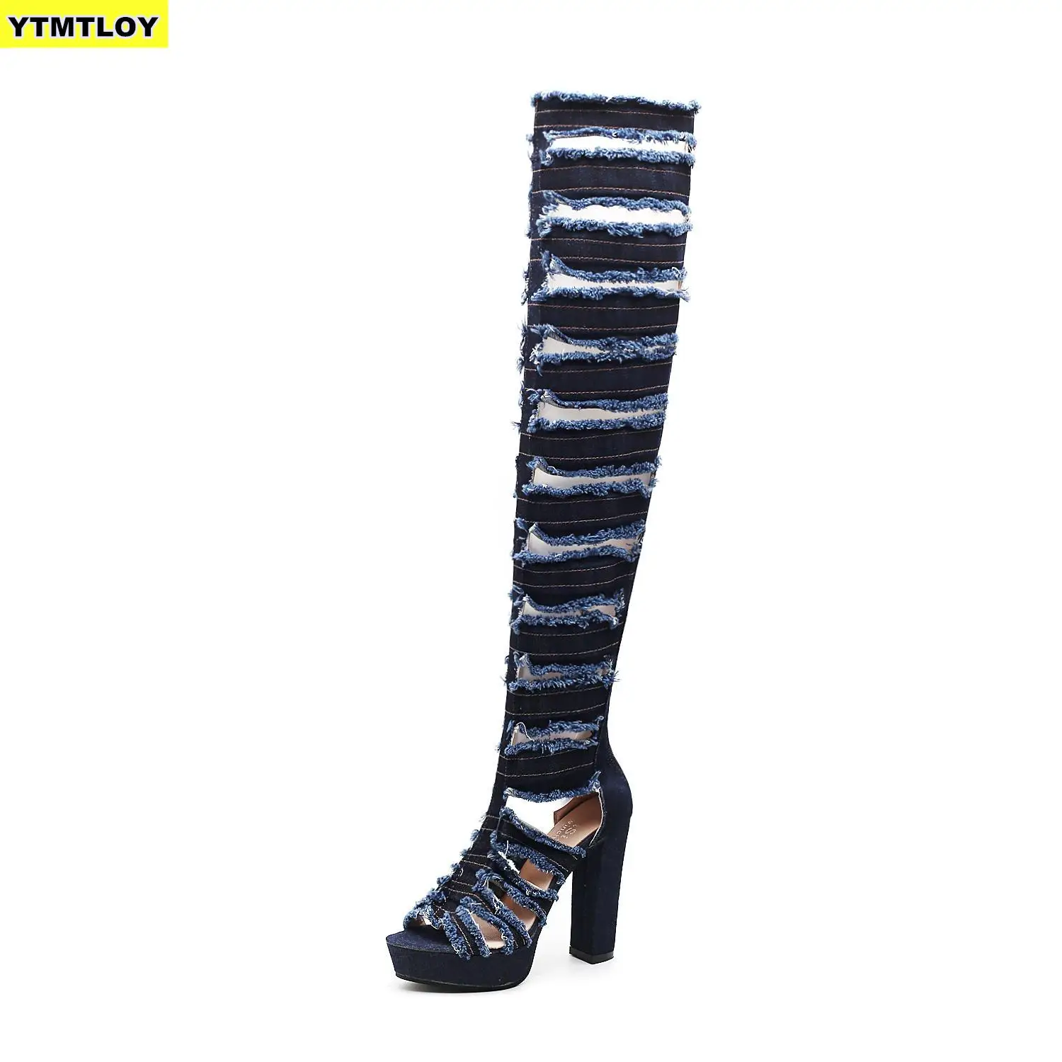 

12CM Women shoes Gladiator Hole Denim Boots Over Knee High Heels Platform Peep Toe zipper Sexy ladies sandals zapatos de mujer 6