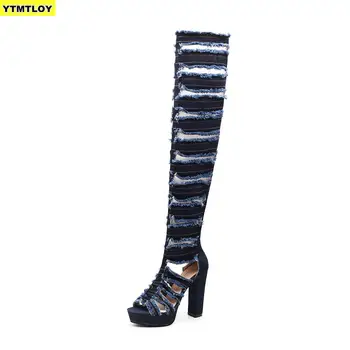 

12CM Women shoes Gladiator Hole Denim Boots Over Knee High Heels Platform Peep Toe zipper Sexy ladies sandals zapatos de mujer