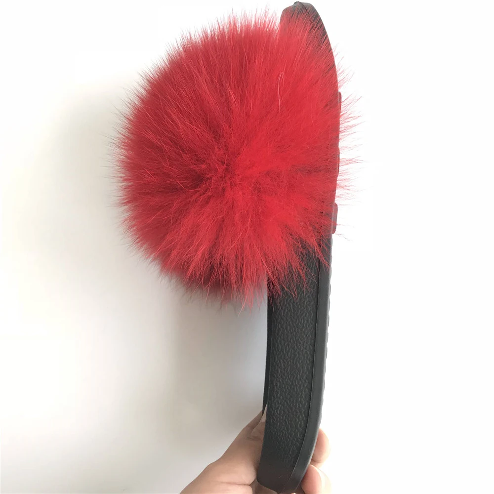 FunFur/модные летние женские шлепанцы красные сандалии с натуральным лисьим мехом