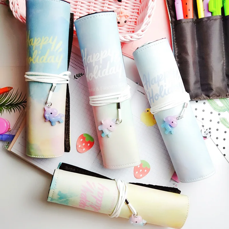 

Unicorn Pendant Pencil Case For girls Cute Roll Up Pen box Waterproof Cosmetic Bag School Supplies material escolar