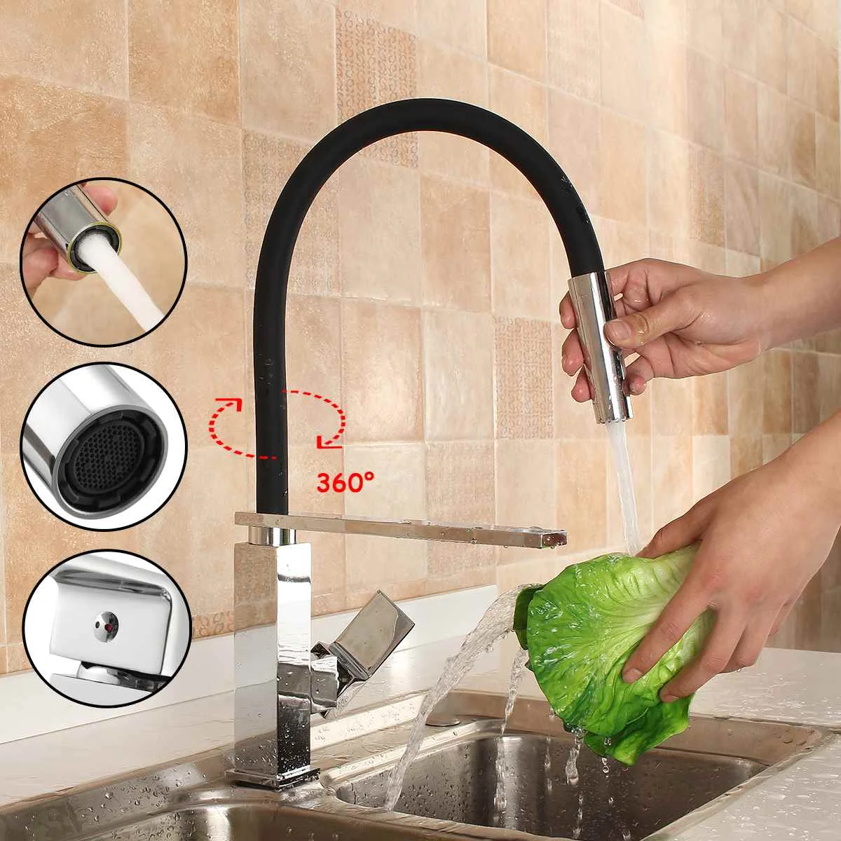 

Xueqin Black Rubber Flexible 360Rotation Pull Down Kitchen Faucet Spary Single Handle Nozzle Mixer Tap Cold And Hot Deck Mounted