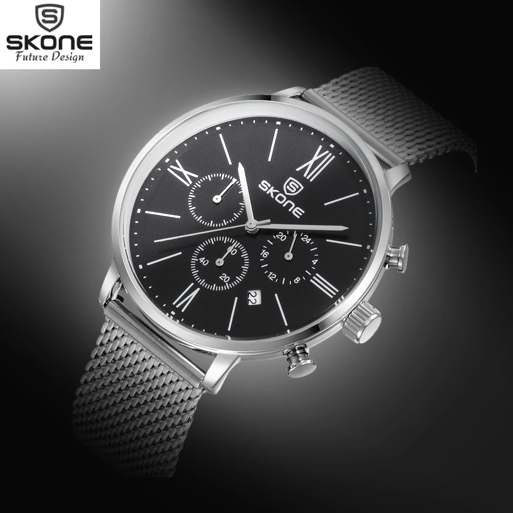 

SKONE Chronograph 24 Hours Display Sport Watches Men Top Brand Silver Steel Mesh Band Watch Shock Resistant Relogio Casual Watch