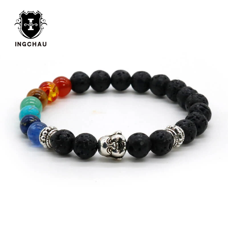 

Tibetan Healing Balance Reiki 7 Chakra Bracelet Lava Stone Buddhism Laughing Buddha Bracelets Men Jewelry For Women BD-12