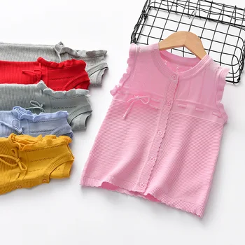 

Bow Ties Baby Girl Sweater Vest Sleeveless Kid Round Collar Button Closure Outfit Coat Children Crochet Cardigan Lace Sweet Girl