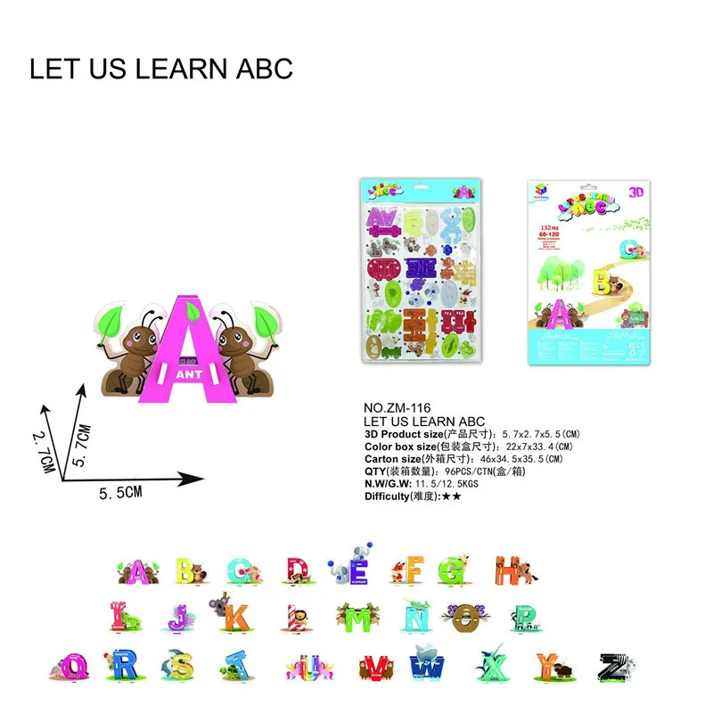

Creative 3D Three-dimensional Puzzle DIY Alphabet & Number with Cute Animals Assembling and Inserting Paper Puzzle Toys for Kids