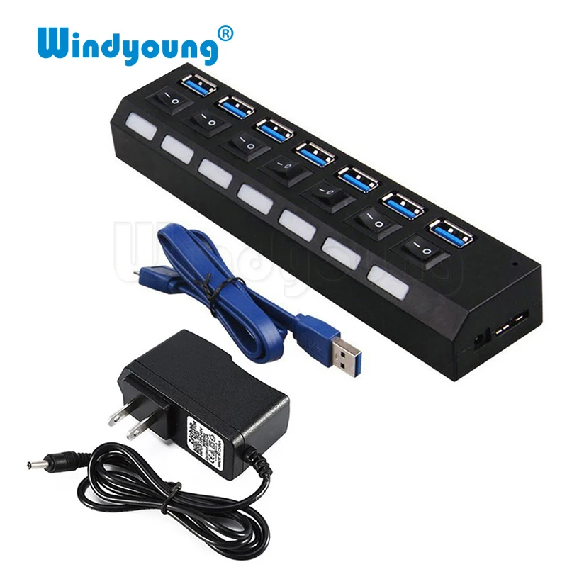 Windyoung USB Hub 3,0 высокое Скорость 7 Порты и разъёмы USB 3,0 концентратор с EUPower адаптер многопортовый usb-адаптер ВКЛ/ВЫКЛ для ноутбука MacBook