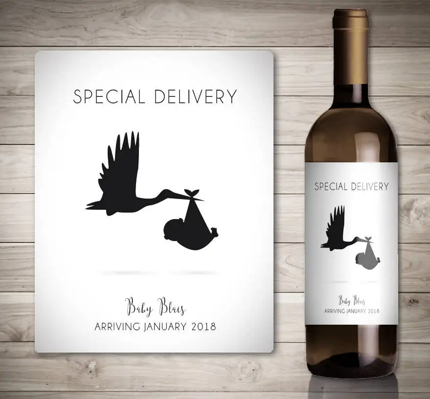 

Custom Wine Label Pregnancy Announcement Ideas Baby Announcement Personalized Bottle Label Special Delivery Stork Carrying Baby