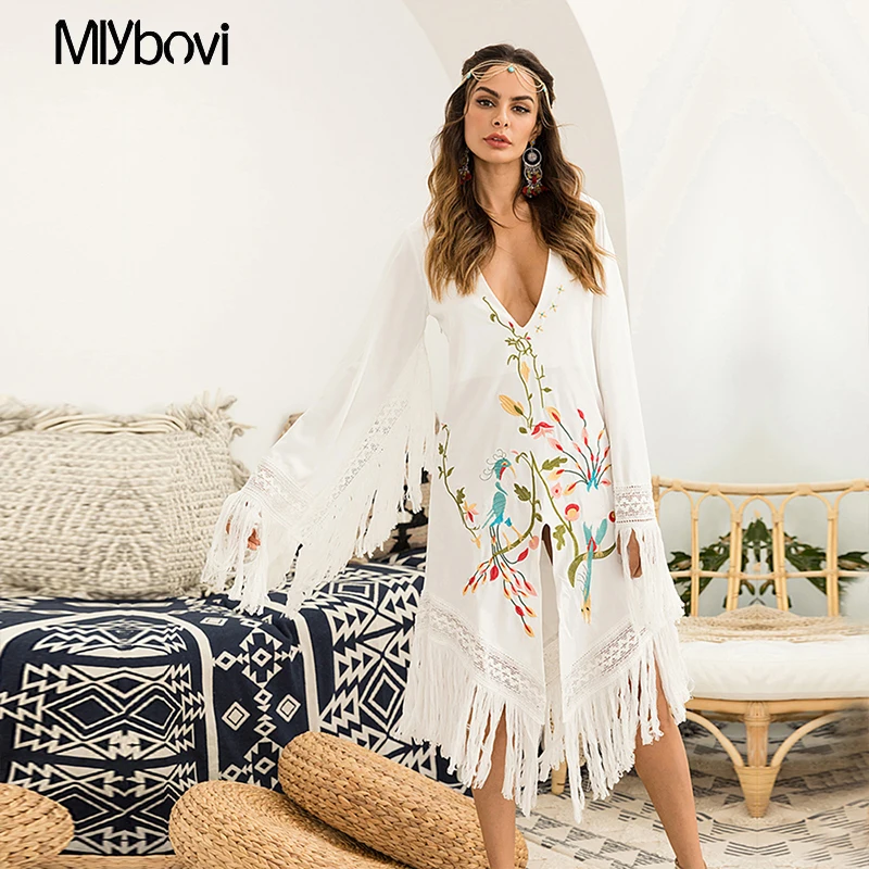 Sleeve Spring Out Embroidery With Fashion Short 2019 Dress Hollow Vestidos Dresses Neck Tassel V Elegant Women White Loose t7qwxqnT50