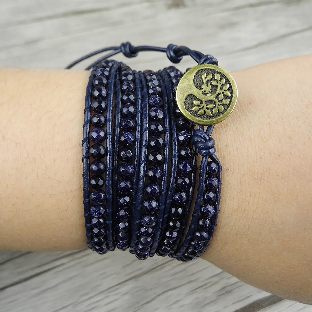Boho 5 wrap браслет Цыганская Кожа wrap браслет темно-синий песок камень Бусины Браслет из натурального камня Ювелирные изделия Йога обёрточная бижутерия