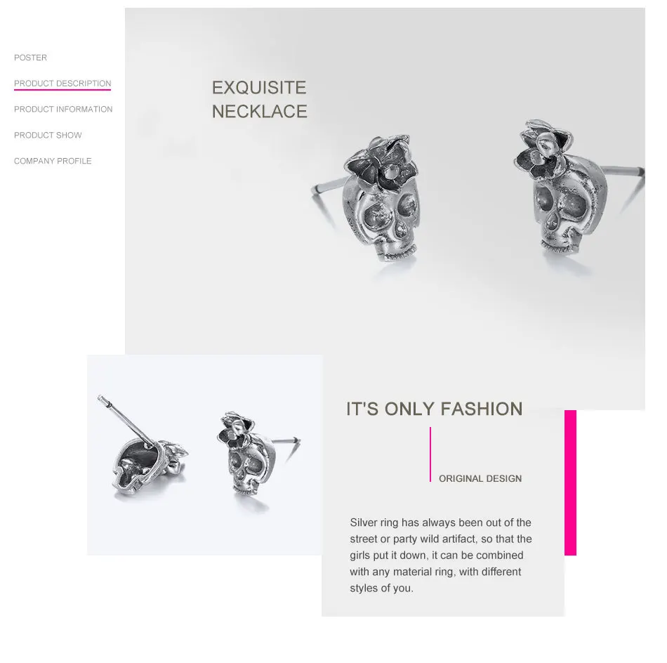 T08-925-Sterling-Silver-Stud-Skull-Earrings-Say-You-Say-Me-Vintage-Antique-Silver-Party-Elegant-Prevent