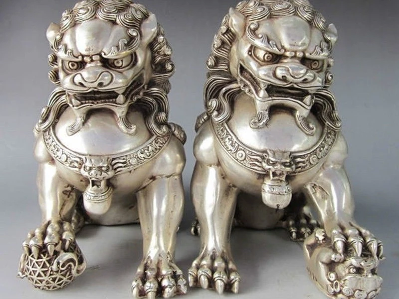 

Chinese fengshui silver Copper animal Evil Guardian Door Fu Foo Dog Lion Pair