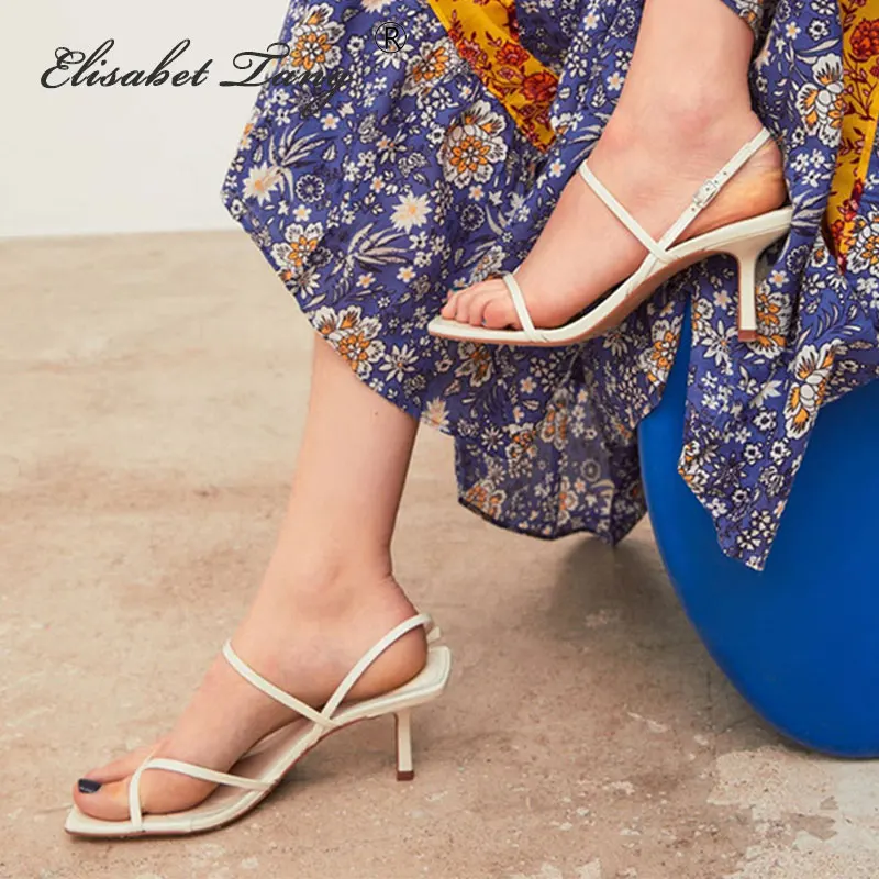 ElisabetTang/Винтажные босоножки на квадратном каблуке с узкими ремешками; белые босоножки на высоком каблуке; летние женские вечерние туфли