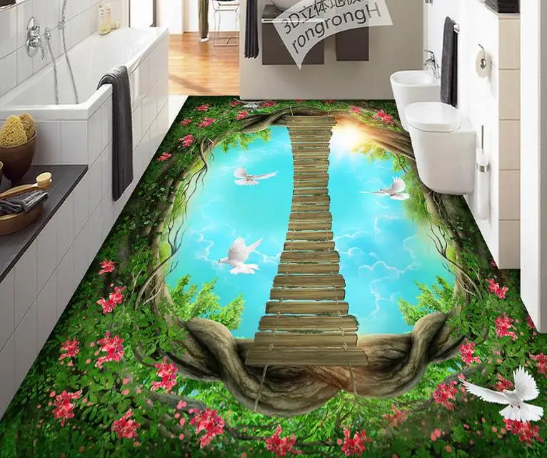 

Custom 3d flooring Forest Pastoral Creek Bridge 3d wallpaper Living room bedroom bathroom floor mural PVC waterproof wallpaper