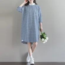 Women Dress Big Size Chinese Style Loose Blue and White Striped Stand Loose 2017 Autumn Cotton Linen Vintage Half Sleeve
