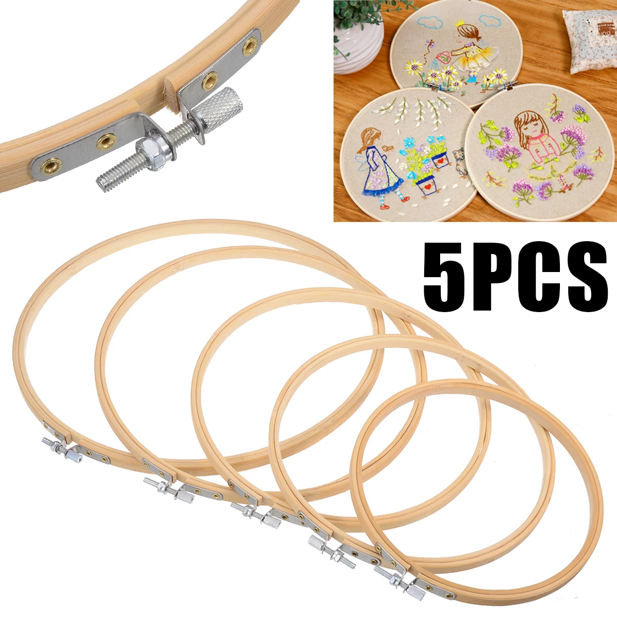 5pcs Durable Embroidery Hoop Set Bamboo Circle Cross Stitch Hoop Ring For DIY Sewing Tools Home Supplies 15/18/20/23/26cm