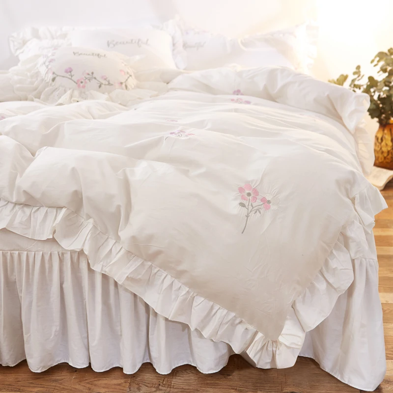 White Pink 100%Cotton Korean Bedding Sets Twin Queen King size Kids Girls Bedding set Princess Duvet Cover bed sheet/linen set