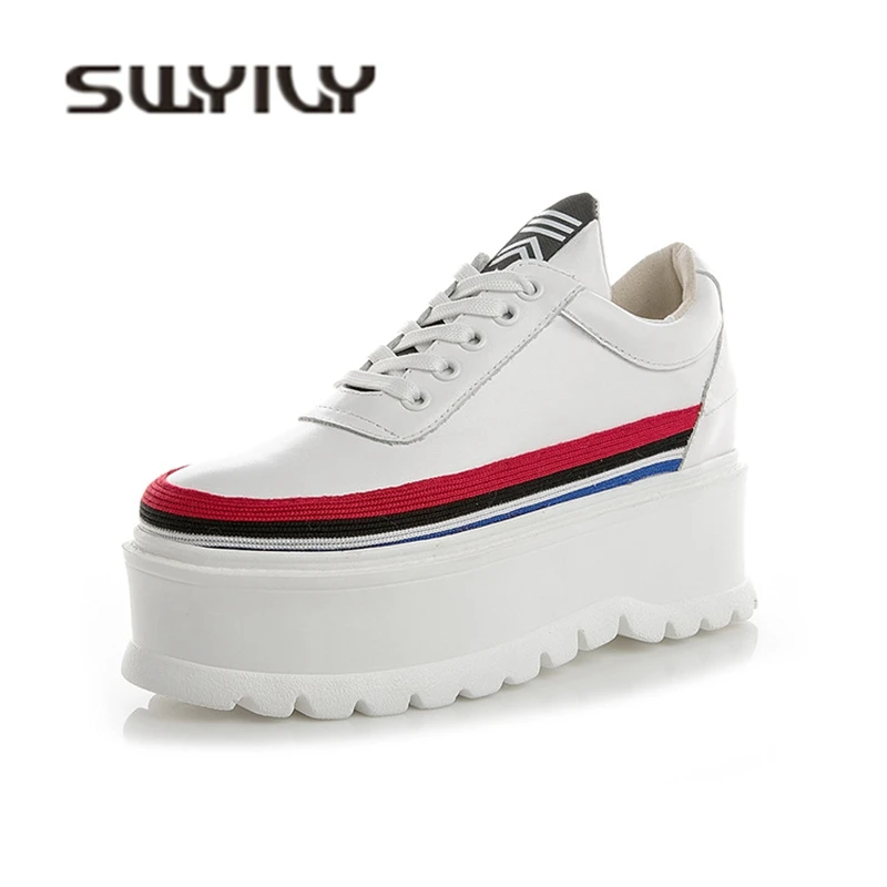 SWYIVY Sneakers Platform Pumps Single Shoes 2018 Autumn White Female Casual Shoes Muffin Bottom Genuine Leather Sneakers Student