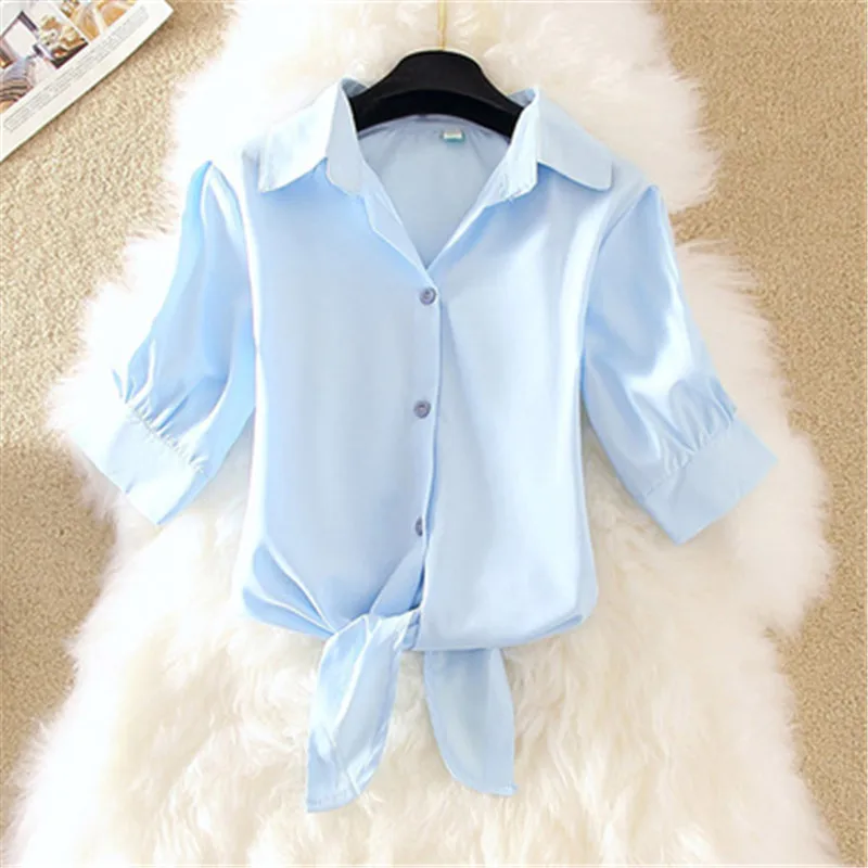 

Summer Women Chiffon Blouse Shirt Lady Short Office Tops 2019 Casual Hem Knot Short Puff Sleeve Pink Yellow Shirt Plus Size