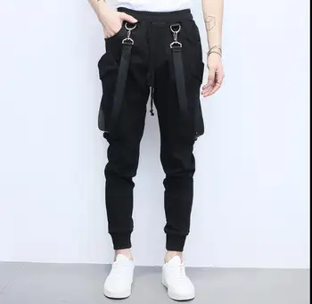 

Street Punk hip-hop strap Harem pants Male Korean hair stylist jumpsuits Men Multi-pocket Elastic Waist Dancing Joggers A70301