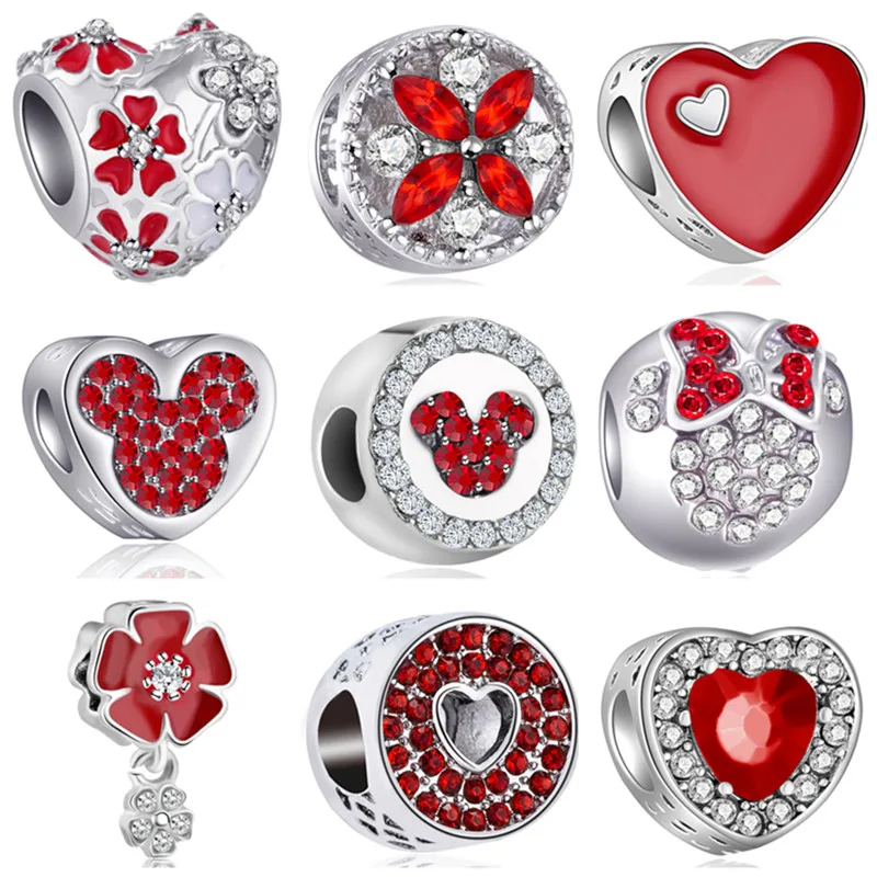 

Hot Selling Red Color Crystal Bow Flower Heart Mickey Pandora Charms Beads Fit Original Bracelets & Bangles for Women Part Gifts