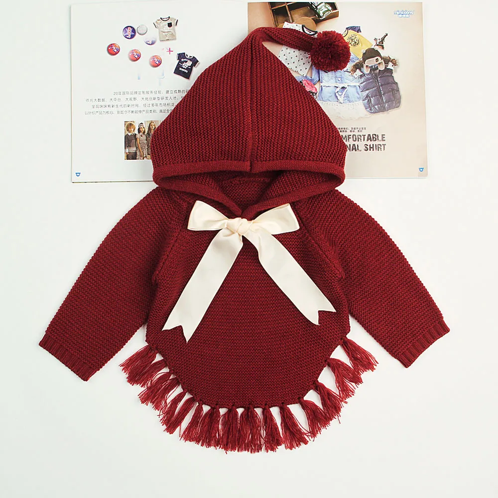 Winter Newborn Red jacket Infant Baby Boys Girls Bow Tassel Knitted Long Sleeve Hooded Tops Sweater Outfits Fringed hooded