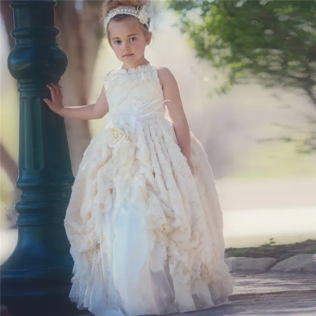 Vintage Ruffled Ivory Flower Girl Dresses